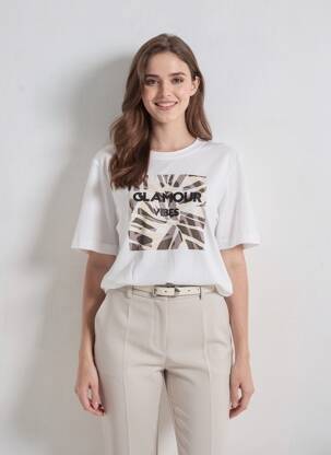 Tricou serigrafie flockată mâneci scurte alb SUZA femeie
