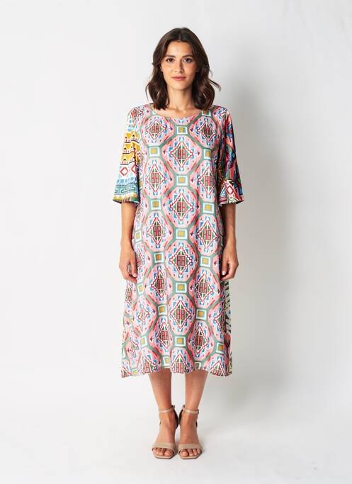 Rochie midi imprimeu fantezie mâneci scurte roz ORIENTIQUE NATURALLY femme