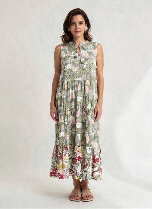 Rochie lungă imprimeu fantezie fără mâneci verde ORIENTIQUE NATURALLY femme