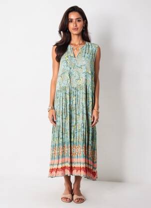 Rochie lungă imprimeu fantezie fără mâneci verde ORIENTIQUE NATURALLY femme
