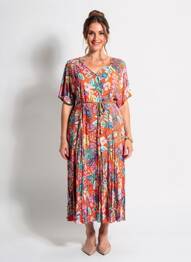 Rochie lungă imprimeu fantezie mâneci scurte portocaliu ORIENTIQUE NATURALLY femme
