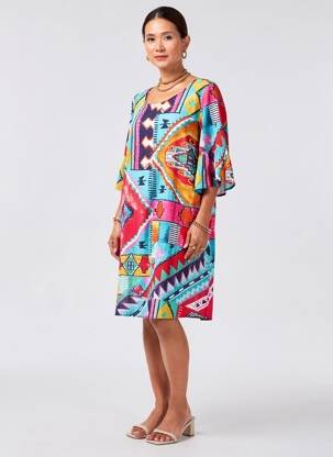 Rochie midi mâneci 3/4 mâneci 3/4 albastru ORIENTIQUE NATURALLY femeie