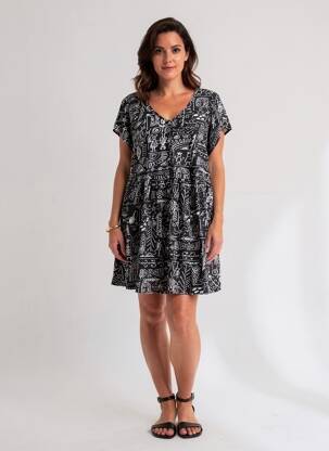 Rochie midi imprimeu fantezie mâneci scurte negru ORIENTIQUE NATURALLY femme