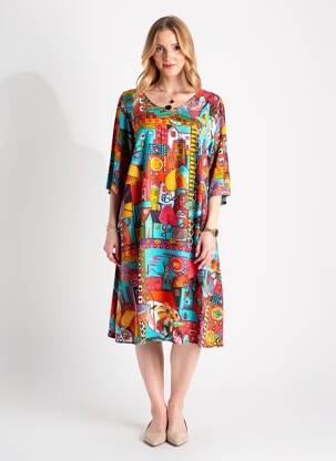 Rochie midi imprimeu fantezie mâneci scurte albastru ORIENTIQUE NATURALLY femme
