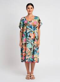 Rochie midi imprimeu fantezie mâneci scurte albastru ORIENTIQUE NATURALLY femeie