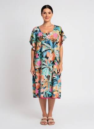 Rochie midi imprimeu fantezie mâneci scurte albastru ORIENTIQUE NATURALLY femeie