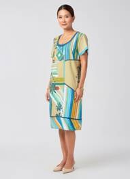 Rochie midi imprimeu fantezie mâneci scurte albastru ORIENTIQUE NATURALLY femme