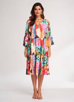 Rochie midi imprimeu fantezie mâneci lungi roșu ORIENTIQUE NATURALLY femeie
