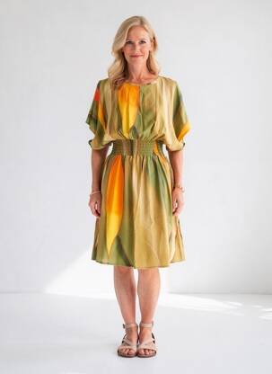 Rochie midi imprimeu fantezie mâneci scurte verde YES.ZEE femme