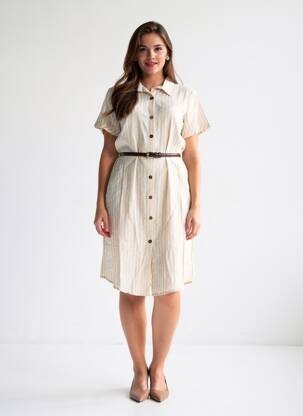 Rochie midi țesătură crep mâneci scurte bej AURA BY FIGURE LIBRE femeie
