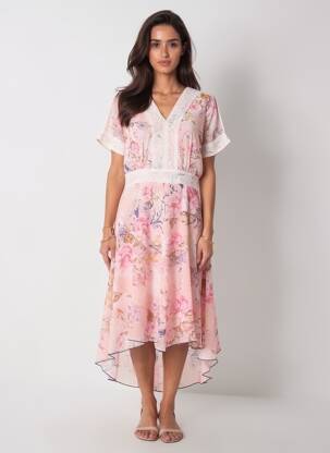 Rochie midi imprimeu floral mâneci scurte roz AURA BY FIGURE LIBRE femeie