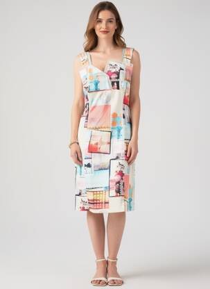 Rochie midi imprimeu fantezie fără mâneci bej QUATTRO femeie