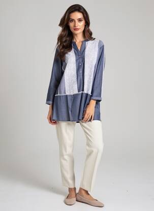 Tunică mâneci lungi închidere cu nasturi pe față albastru AURA BY FIGURE LIBRE femme