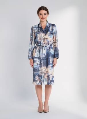 Rochie midi imprimeu fantezie mâneci lungi albastru GUY DUBOUIS femeie