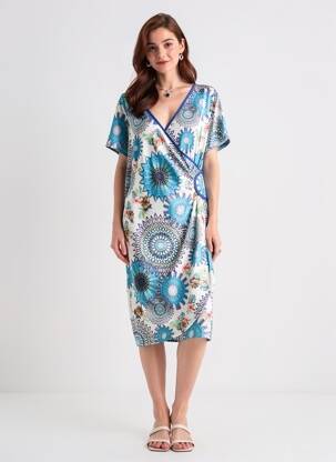 Rochie midi imprimeu floral mâneci scurte albastru JUMFIL femeie