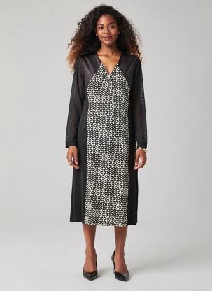 Rochie midi imprimeu fantezie mâneci lungi negru JUMFIL femeie