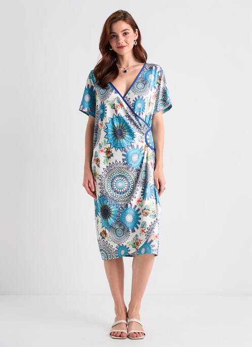 Rochie midi imprimeu floral mâneci scurte albastru JUMFIL femme