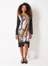 Rochie midi imprimeu fantezie mâneci lungi negru JUMFIL femeie