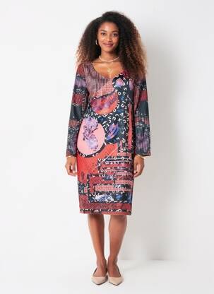 Rochie midi imprimeu fantezie mâneci lungi roșu EROKE femeie