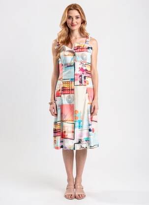 Rochie midi imprimeu fantezie fără mâneci bej QUATTRO femeie