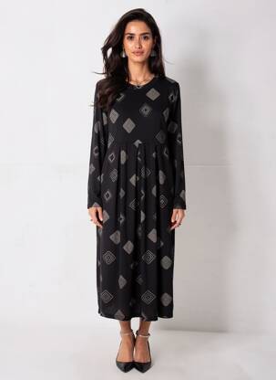 Rochie midi imprimeu fantezie mâneci lungi negru MASAI femeie
