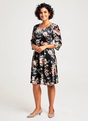 Rochie midi imprimeu floral mâneci 3/4 negru QUATTRO femeie
