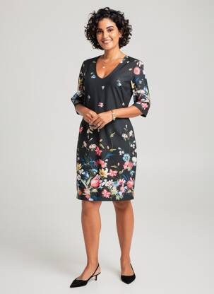 Rochie midi imprimeu floral mâneci 3/4 negru QUATTRO femeie