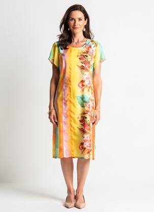 Rochie midi imprimeu floral mâneci scurte galben QUATTRO femeie