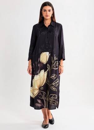 Rochie midi imprimeu floral mâneci 3/4 negru NÜ femeie