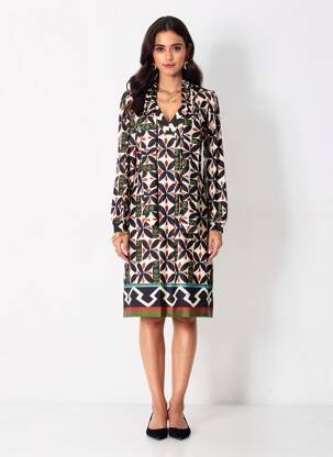 Rochie midi imprimeu floral mâneci lungi negru K-DESIGN femeie