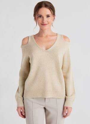 Pulover guler în v mâneci lungi auriu K-DESIGN femeie