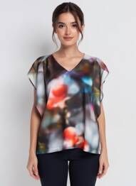 Bluză imprimeu floral mâneci scurte negru QUATTRO femme