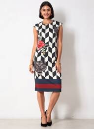 Rochie midi închidere cu fermoar la spate mâneci scurte negru QUATTRO femme