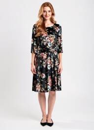Rochie midi imprimeu floral mâneci 3/4 negru QUATTRO femme