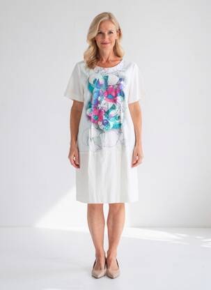 Rochie midi imprimeu floral mâneci scurte bej QUATTRO femeie