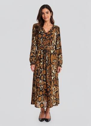Rochie midi țesătură crep mâneci lungi maro SIGNE NATURE femeie
