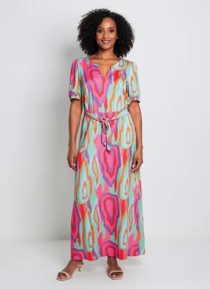 Rochie lungă imprimeu fantezie mâneci scurte roz K-DESIGN femeie