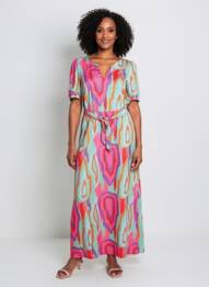 Rochie lungă imprimeu fantezie mâneci scurte roz K-DESIGN femme