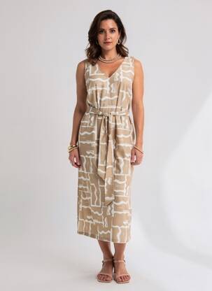 Rochie lungă imprimeu fantezie fără mâneci bej SIGNE NATURE femeie