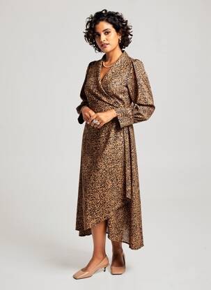 Rochie midi imprimeu fantezie mâneci lungi maro MARBLE femeie