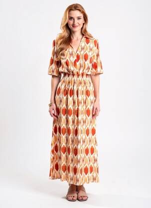 Rochie lungă țesătură poplin mâneci scurte portocaliu YES.ZEE femeie