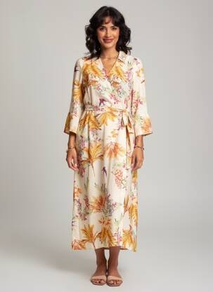 Rochie lungă imprimeu floral mâneci 3/4 galben DIANE LAURY femeie