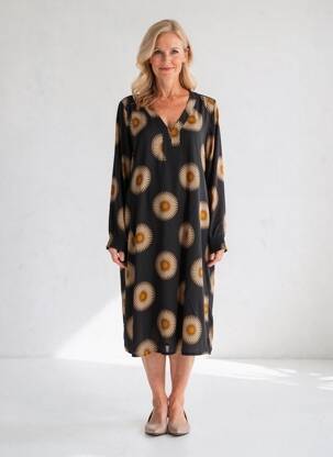 Rochie midi imprimeu fantezie mâneci lungi negru SIGNE NATURE femeie
