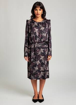 Rochie midi imprimeu fantezie mâneci lungi negru K-DESIGN femeie