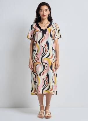 Rochie midi imprimeu fantezie mâneci scurte bej GREGORY PAT femeie