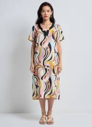 Rochie midi imprimeu fantezie mâneci scurte bej GREGORY PAT femme
