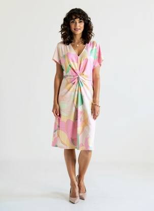 Rochie midi imprimeu floral mâneci scurte roz K-DESIGN femeie