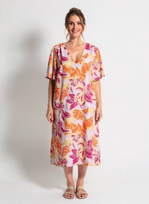 Rochie midi imprimeu floral mâneci scurte violet SIGNE NATURE femeie