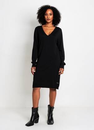 Rochie pulover strânsă pe partea de jos mâneci lungi negru MD'M femeie