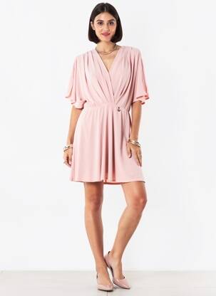 Rochie scurtă croială fluidă mâneci 3/4 roz RELISH femeie